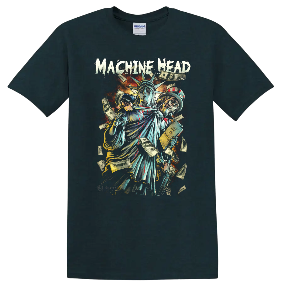 Machine Head distressed Statue of Liberty money and heavy metal tour artwork on a Midnight (Green) T Shirt