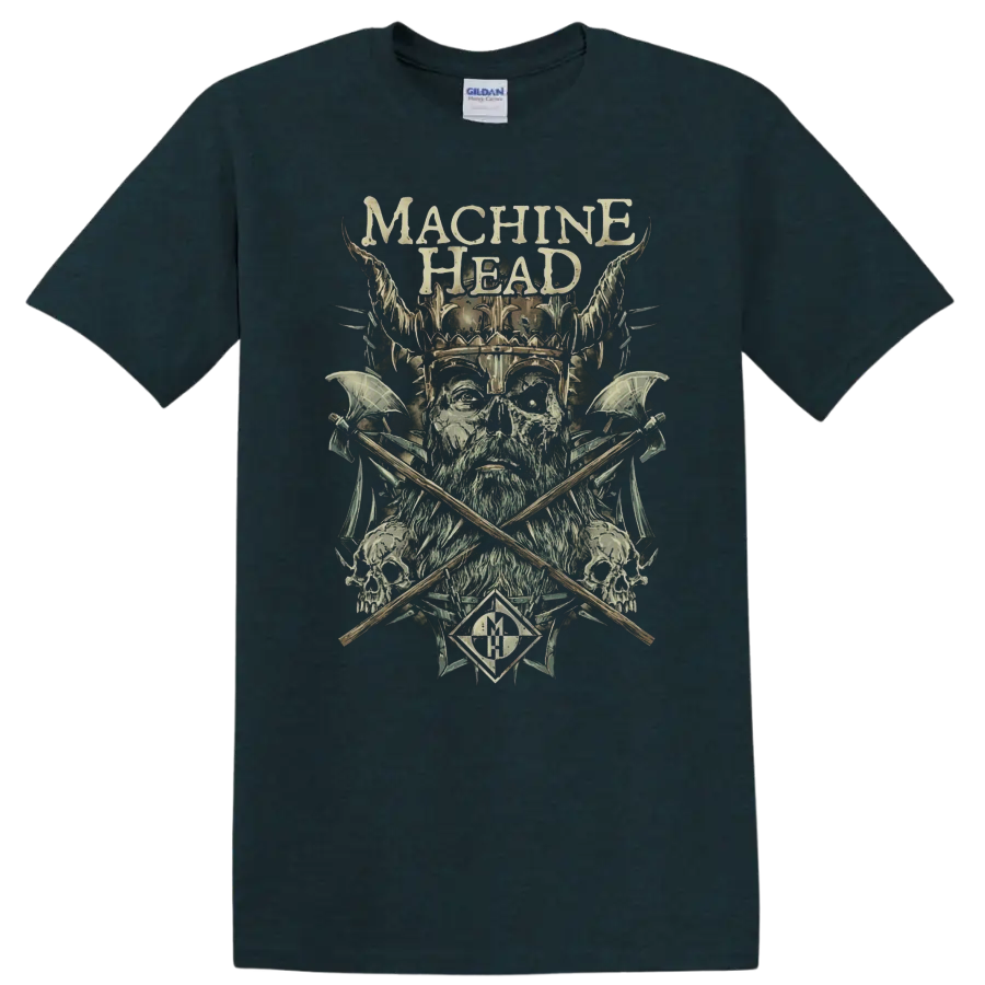 Machine Head skull warrior with horned helmet, crossed axes, skulls, and distressed on a Midnight (Green) T Shirt