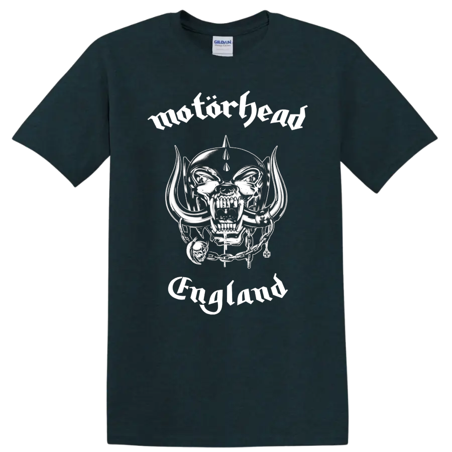 Motörhead Snaggletooth Warpig skull with tusks, chain, helmet, and England lettering on a Midnight (Green) T Shirt