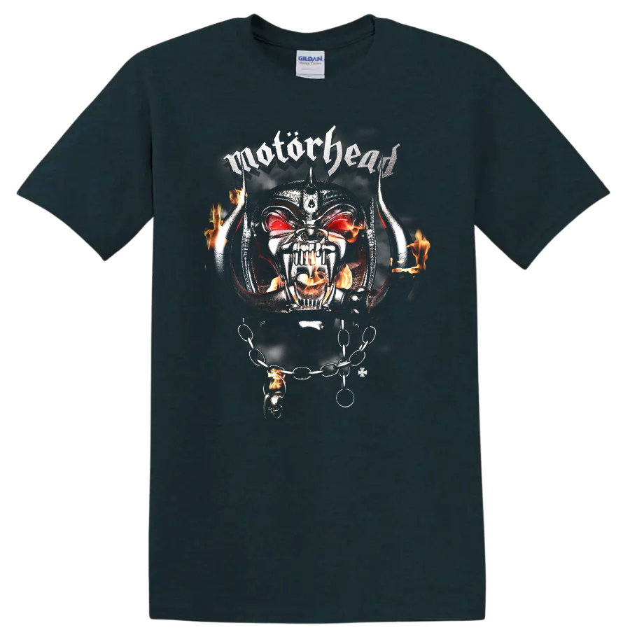 Motörhead Snaggletooth Warpig skull with flames, horns, chains, and red eyes on a Midnight (Green) T Shirt