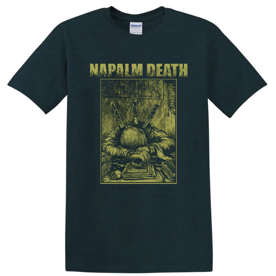 Napalm Death distressed grindcore artwork with grim figure, book, and knife-like tools on a Midnight (Green) T Shirt