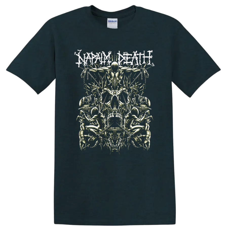Napalm Death distressed logo above mirrored skeletal horror artwork with skulls and chains on a Midnight (Green) T Shirt