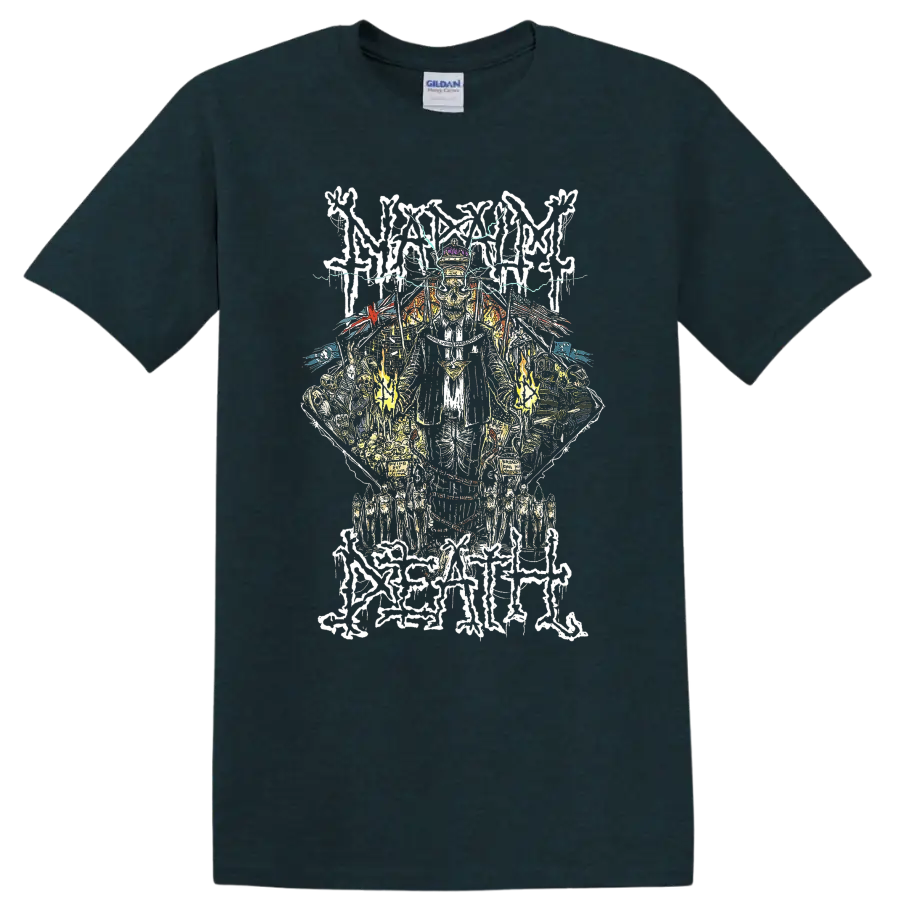 Napalm Death Scum skull figure with lightning and distressed metal linework on a Midnight (Green) T Shirt