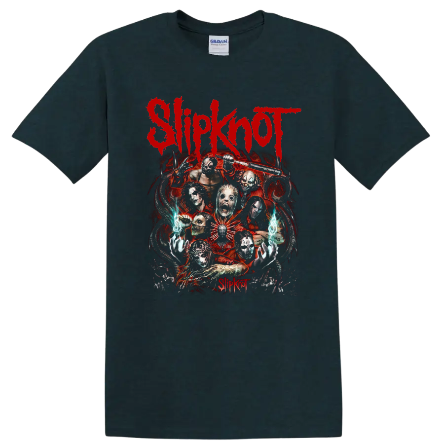 Slipknot masked band horror collage with red logo, flames, and eerie blue hands on a Midnight (Green) T Shirt