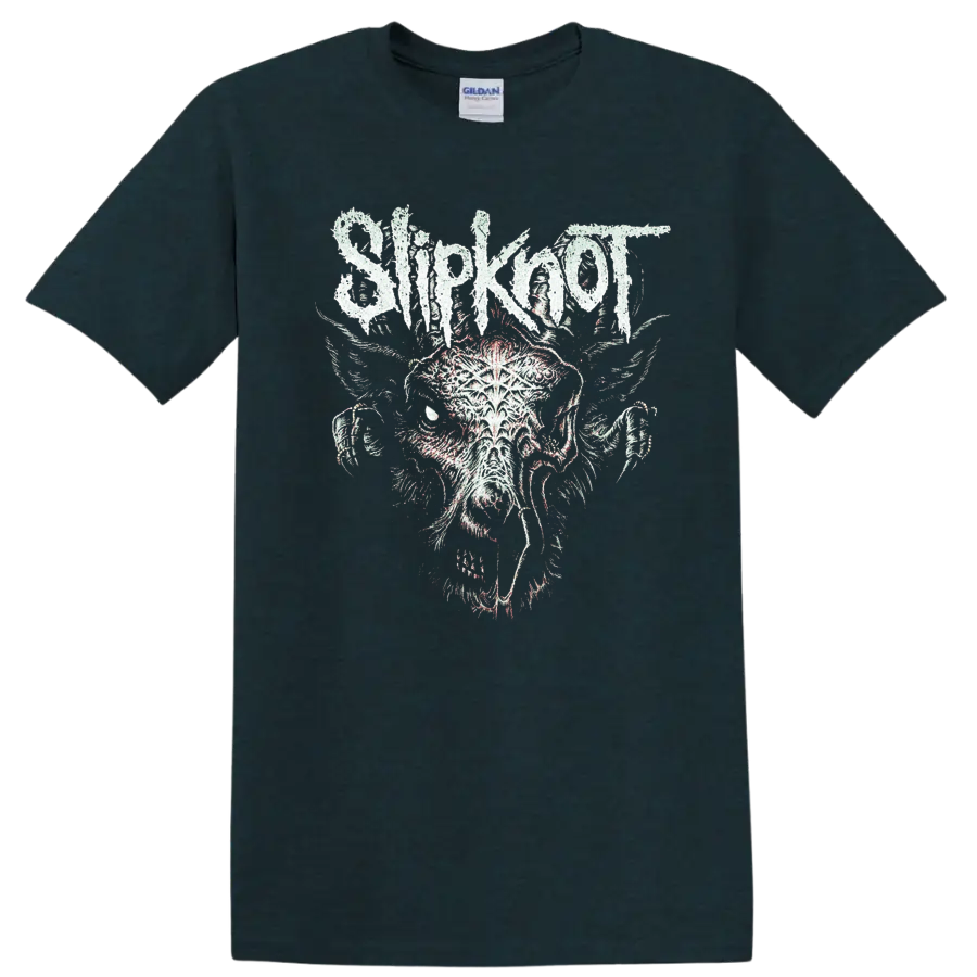 Distressed Slipknot wordmark above a snarling rotting goat illustration on a Midnight (Green) T Shirt