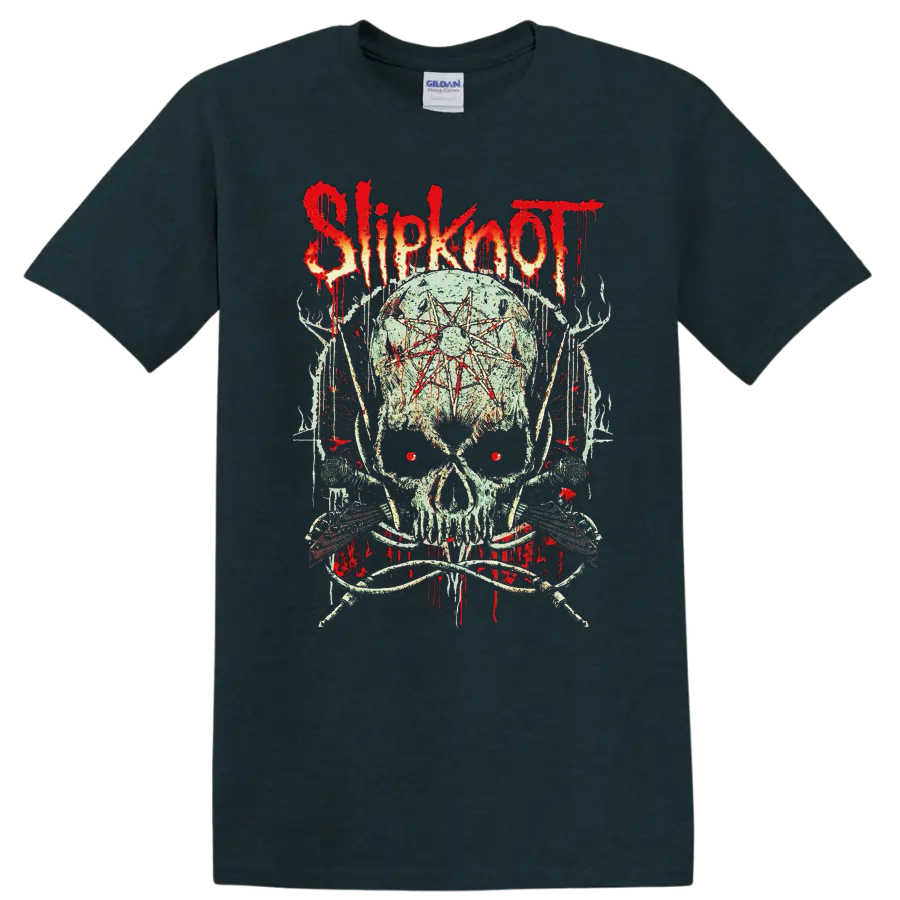 Slipknot skull graphic with red eyes, forehead symbol, dripping red flames, and dark on a Midnight (Green) T Shirt