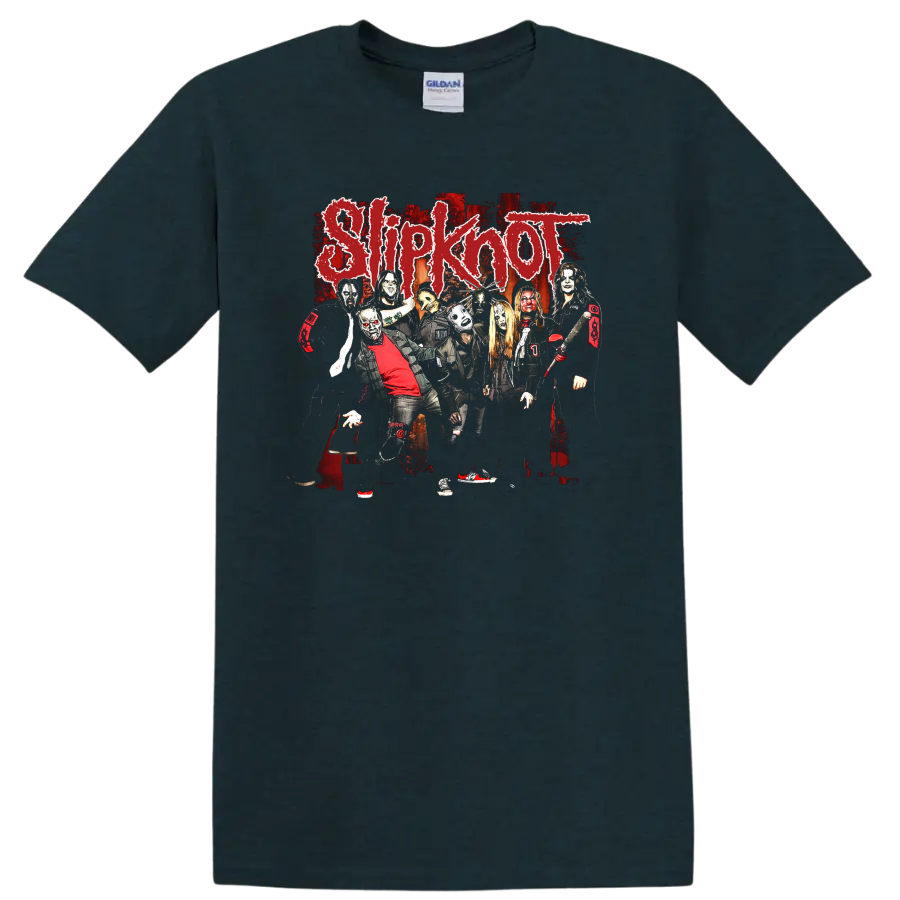 Slipknot masked band photo collage with distressed red logo and dark rock artwork on a Midnight (Green) T Shirt