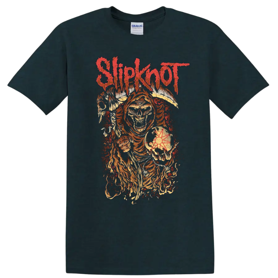 Slipknot distressed hooded skull with winged horror art and symbolic globe on a Midnight (Green) T Shirt