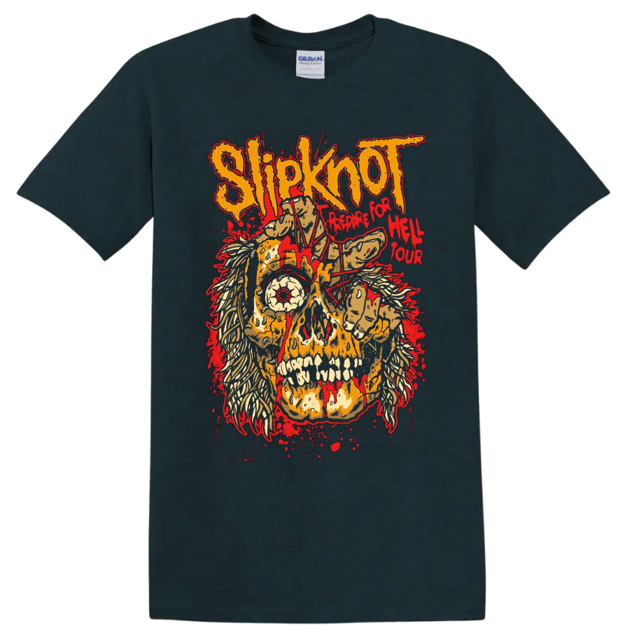 Slipknot Prepare for Hell Tour distressed skull, flames, skeletal hands, and red splatter on a Midnight (Green) T Shirt