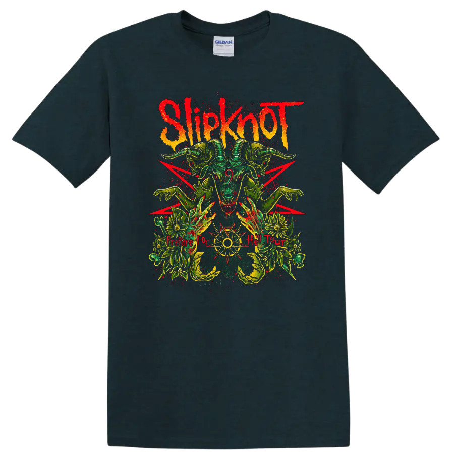 Slipknot Prepare for Hell Tour horned goat skull with occult-style grunge artwork on a Midnight (Green) T Shirt