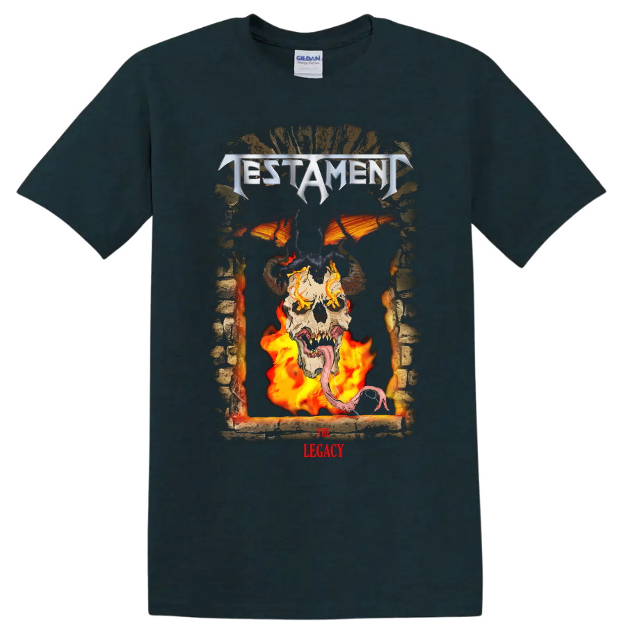 Testament The Legacy horned skull, bat wings, demon silhouette, and flames metal artwork on a Midnight (Green) T Shirt
