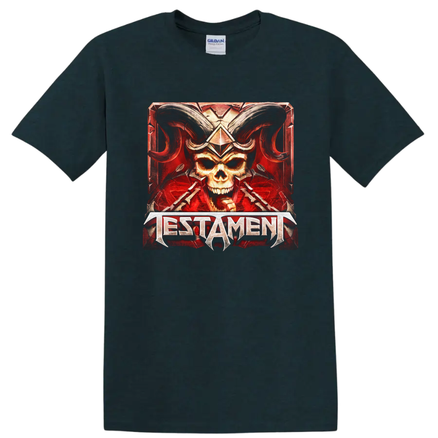 Testament horned skull heavy metal graphic with red armored border on a Midnight (Green) T Shirt