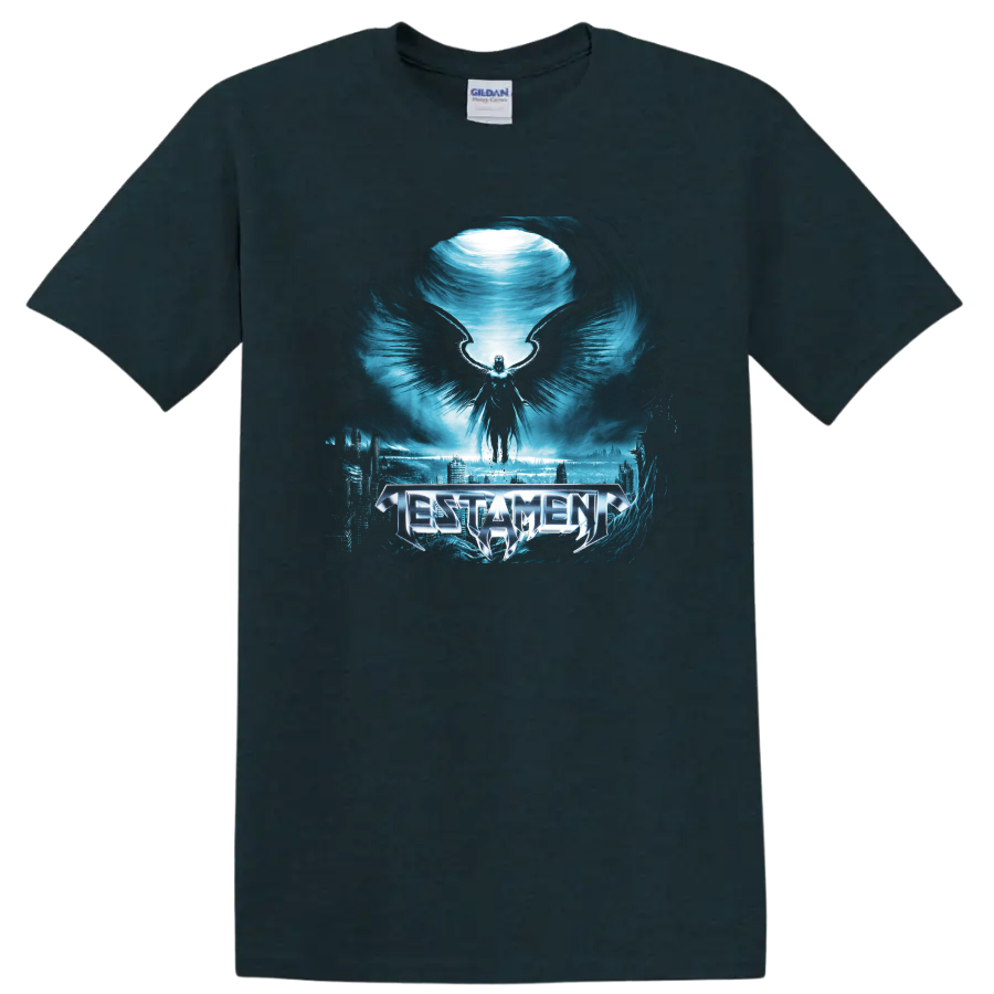 Testament logo with winged figure over icy blue dark fantasy cityscape on a Midnight (Green) T Shirt