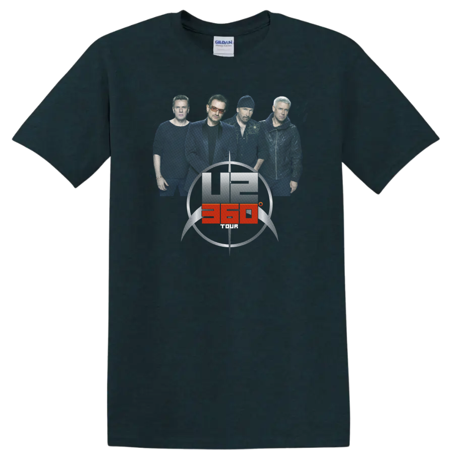 U2 360° Tour band portrait with circular stadium emblem and red accent on a Midnight (Green) T Shirt