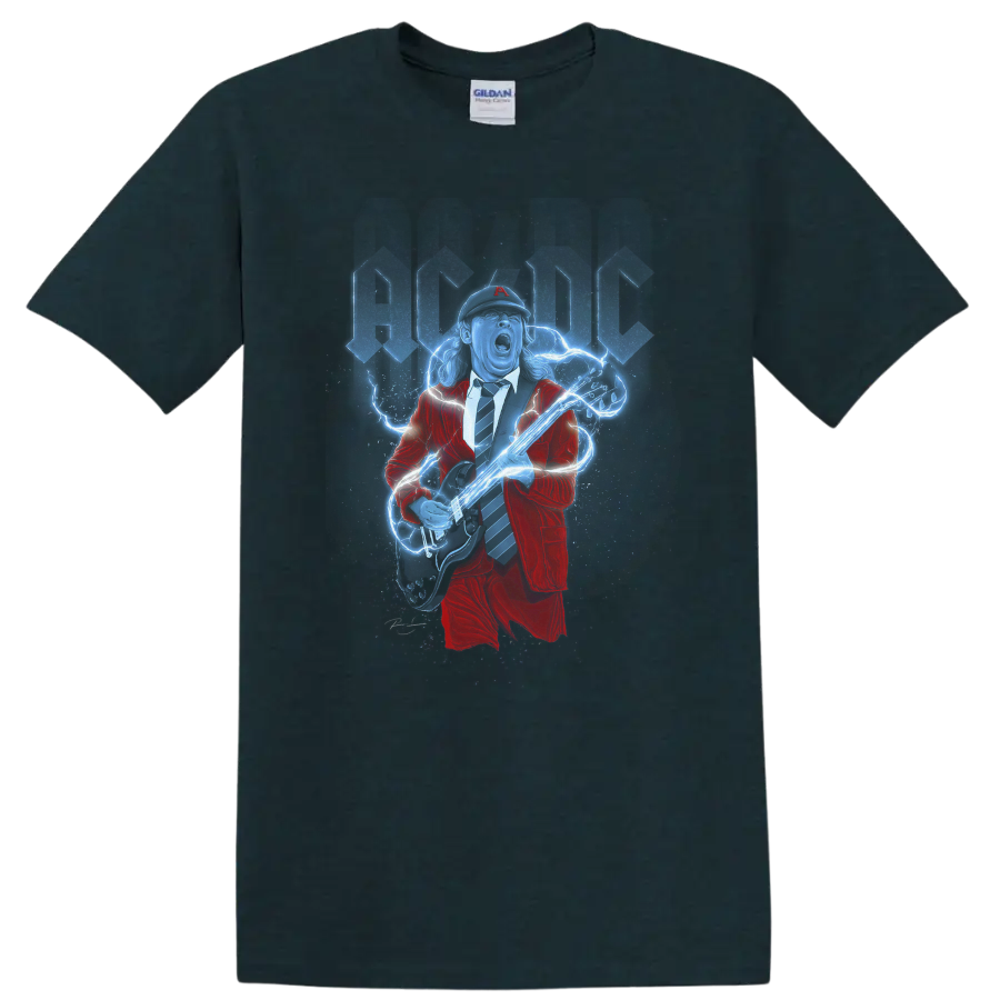 Angus Young AC/DC guitarist in red suit with electric guitar and blue lightning on a Midnight (Green) T Shirt