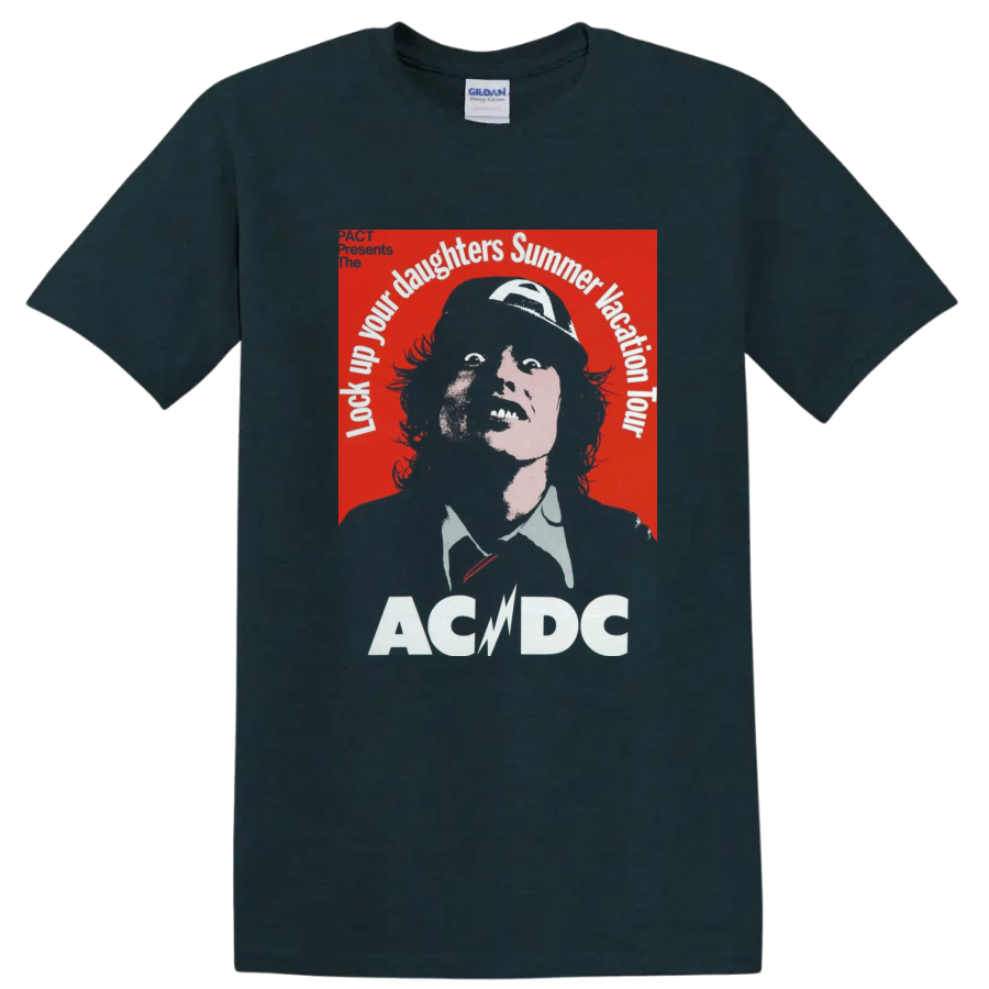 Angus Young portrait with AC/DC Lock Up Your Daughters Summer Vacation Tour text on a Midnight (Green) T Shirt