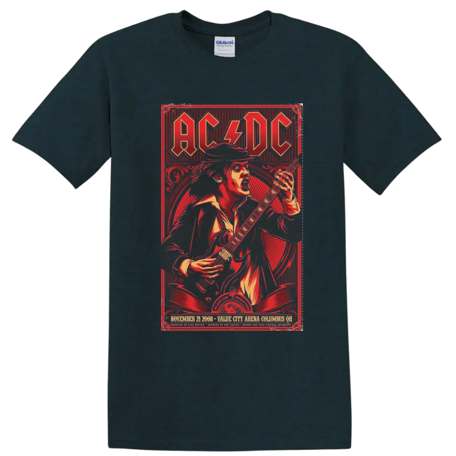 AC/DC Black Ice World Tour poster art with Angus Young playing electric guitar on a Midnight (Green) T Shirt
