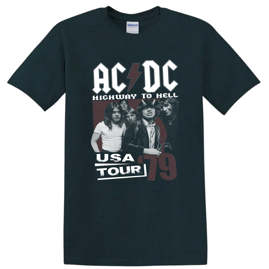 AC/DC Highway to Hell 1979 graphic with Bon Scott, Angus Young, and lightning bolt on a Midnight (Green) T Shirt