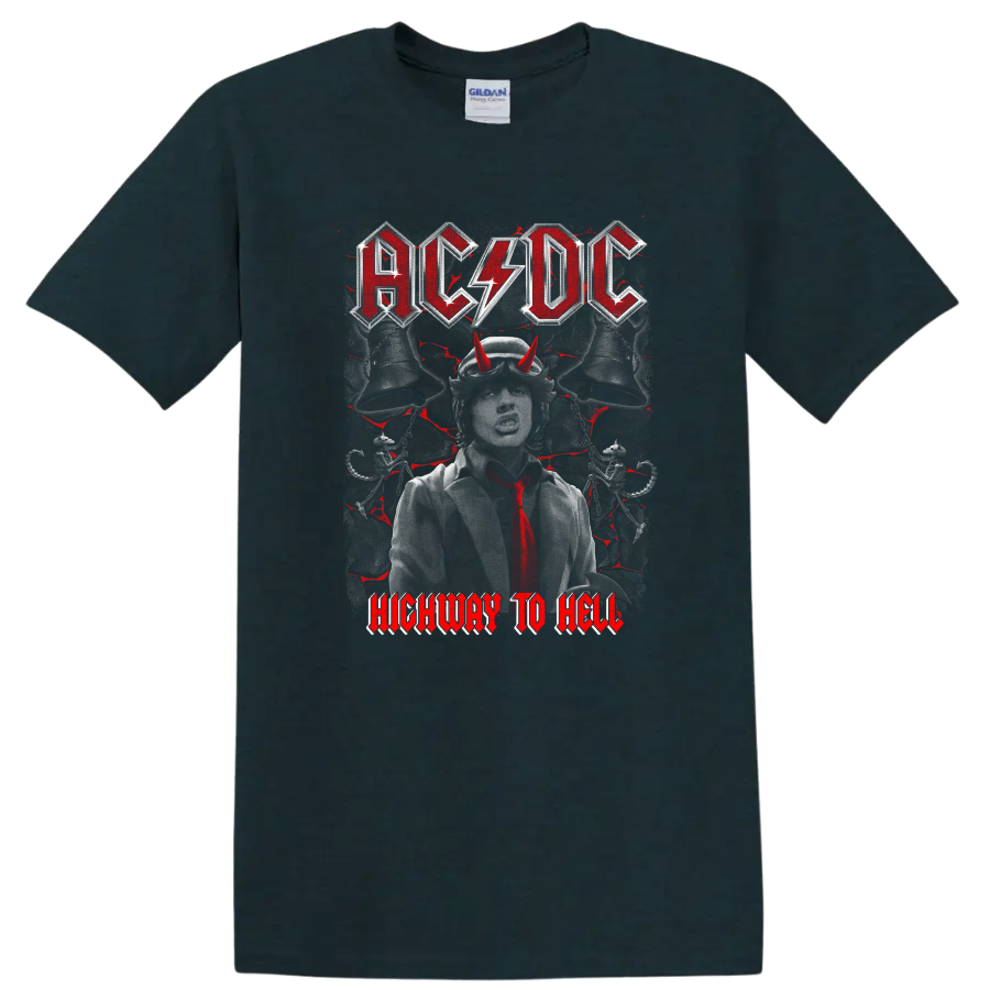 AC/DC Highway to Hell Angus Young portrait with devil horns and distressed rock art on a Midnight (Green) T Shirt