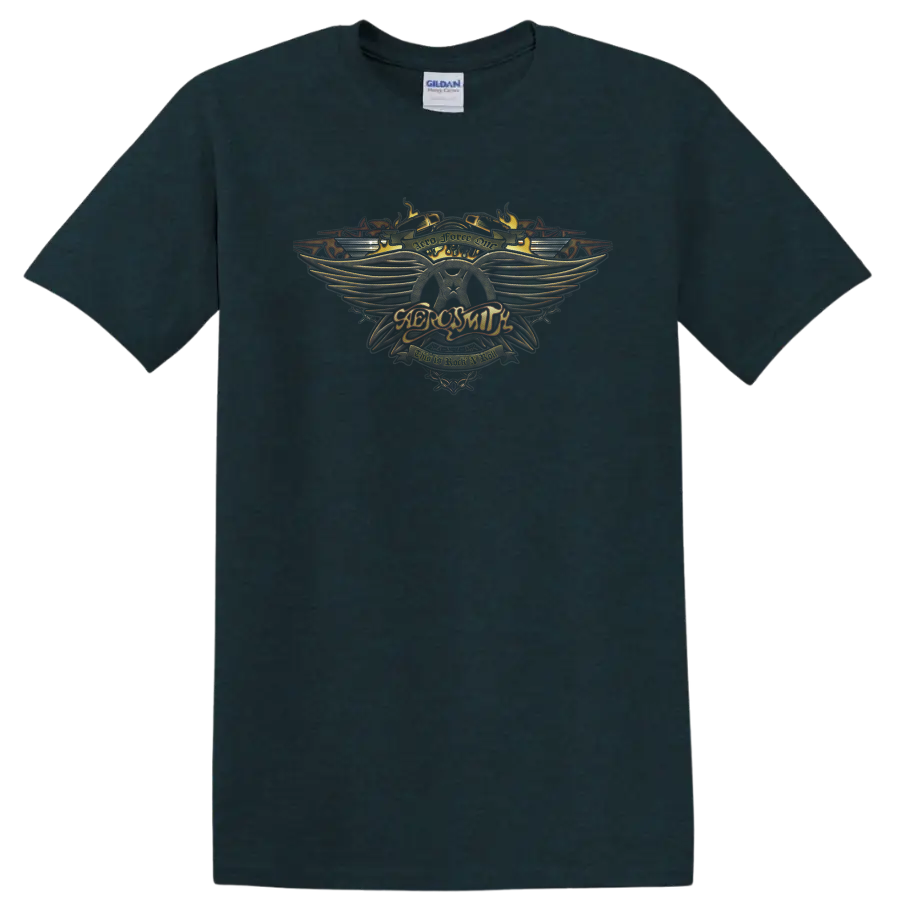 Aerosmith Aero Force One winged crest in ornate vintage rock style on a Midnight (Green) T Shirt
