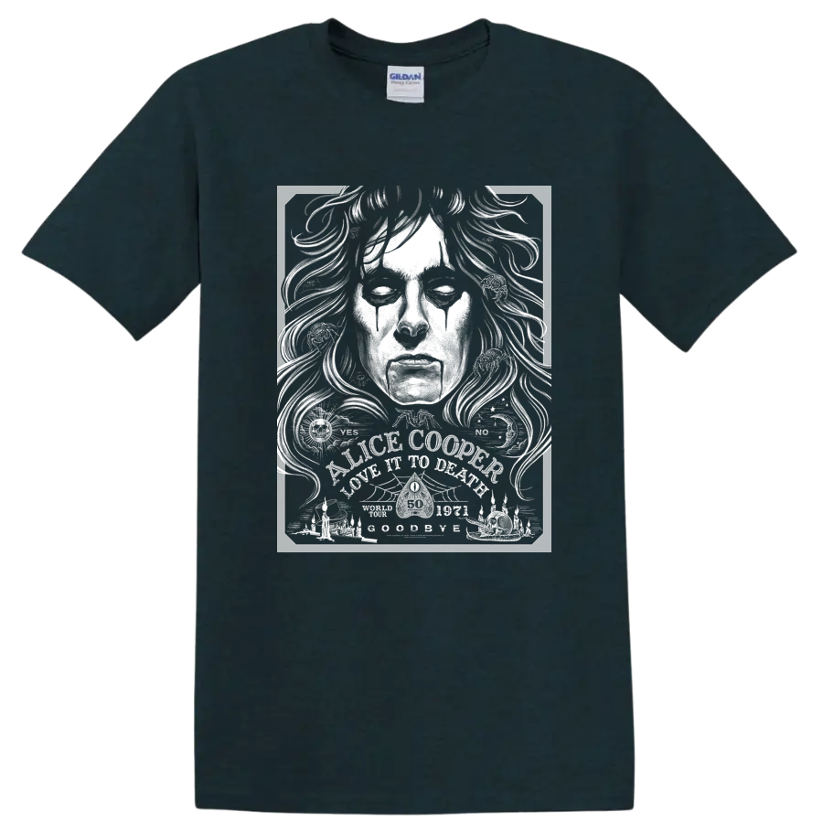 Alice Cooper high-contrast black and white rock portrait graphic on a Midnight (Green) T Shirt
