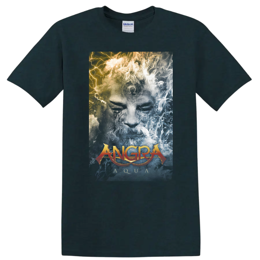 Angra Aqua album art with blue water textures, gold light, and orange logo on a Midnight (Green) T Shirt