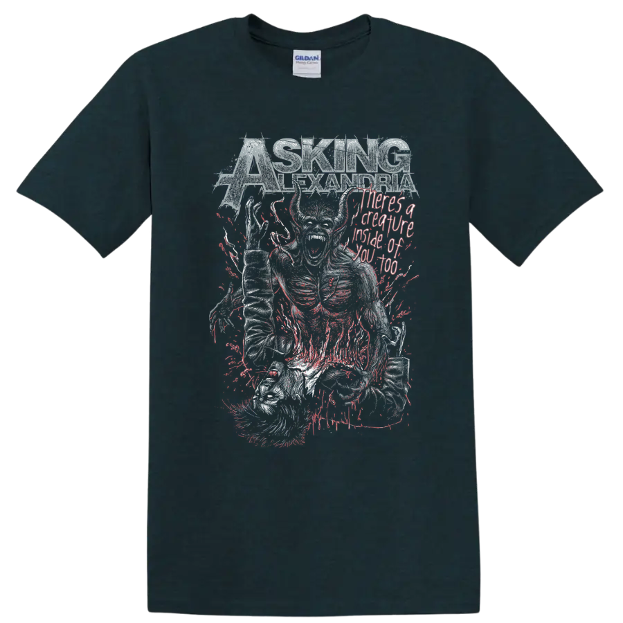 Asking Alexandria Creature distressed metal graphic with skeletal figure on a Midnight (Green) T Shirt