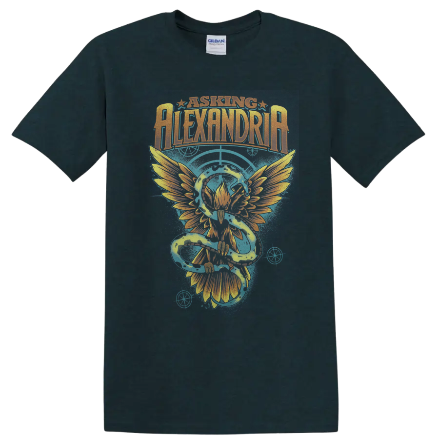 Asking Alexandria distressed logo with winged phoenix and electric blue energy artwork on a Midnight (Green) T Shirt
