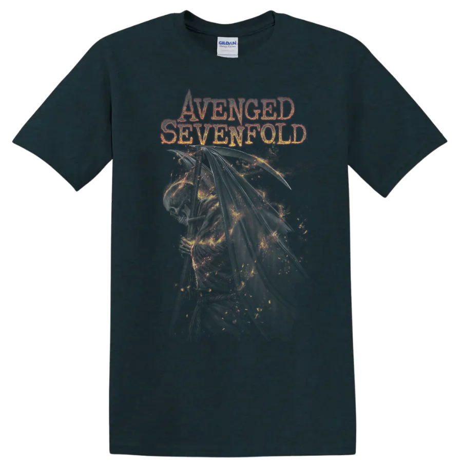 Avenged Sevenfold distressed lettering above a detailed winged Deathbat skull graphic on a Midnight (Green) T Shirt