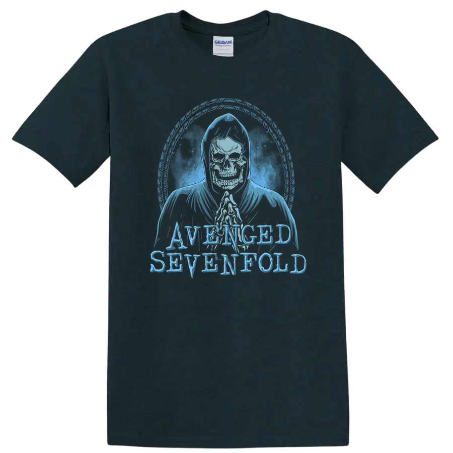 Avenged Sevenfold hooded skeleton with circular feather frame and distressed lettering on a Midnight (Green) T Shirt