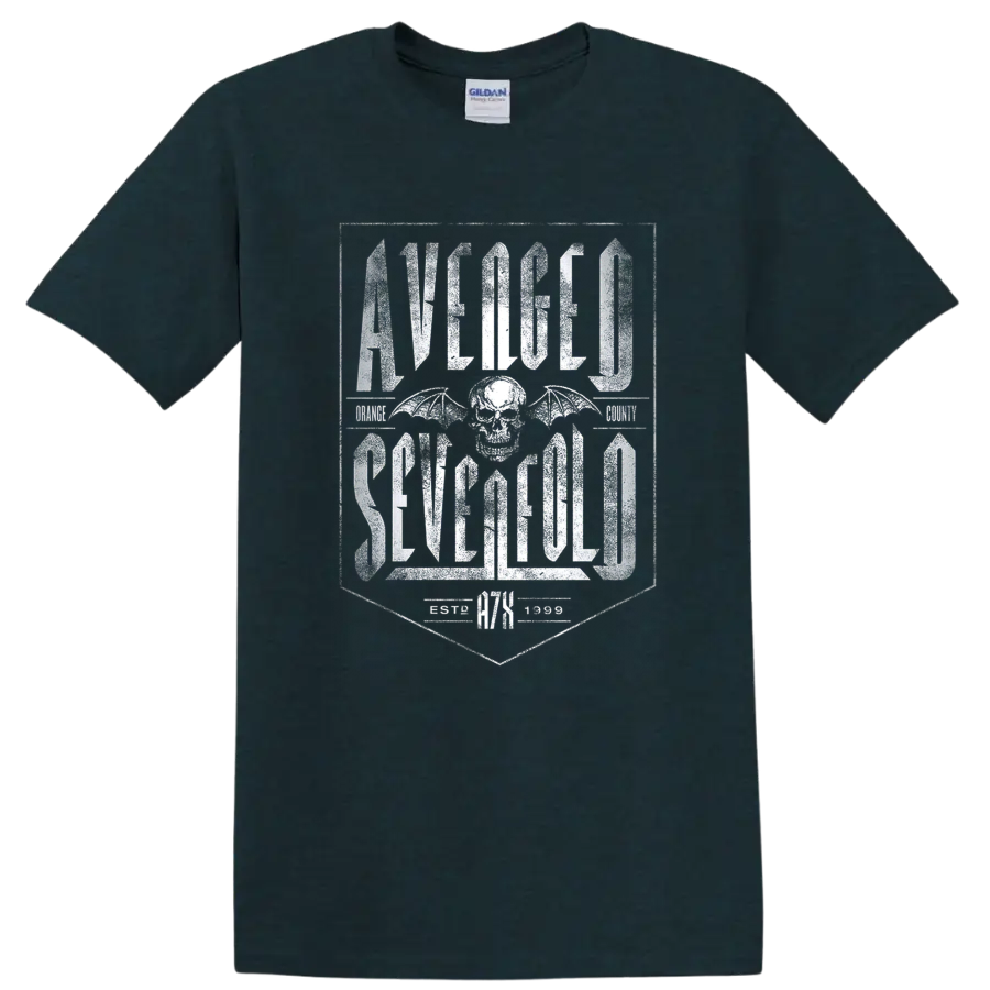 Avenged Sevenfold distressed lettering with winged skull emblem on a Midnight (Green) T Shirt