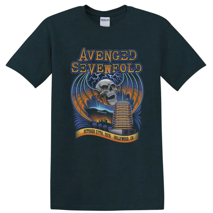 Avenged Sevenfold Deathbat skull and wings over a colorful Hollywood concert poster scene on a Midnight (Green) T Shirt
