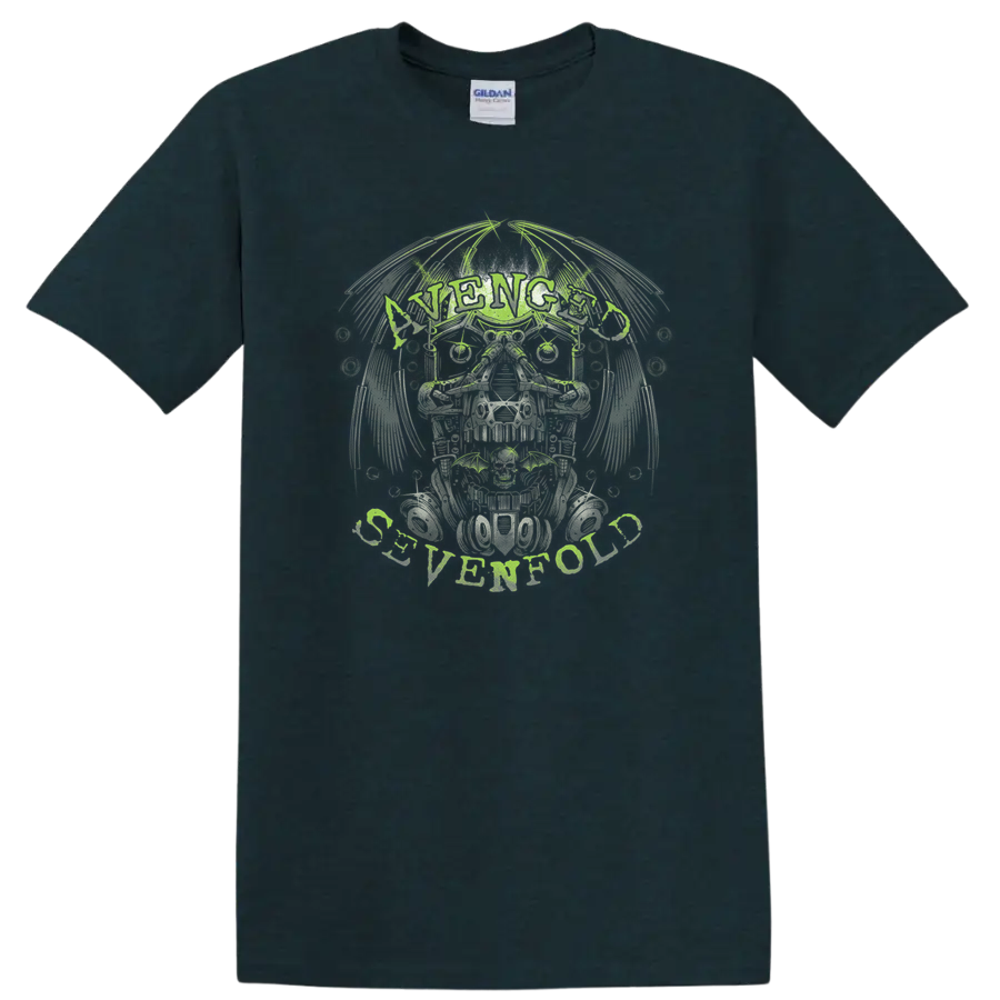 Avenged Sevenfold Deathbat skull with wings in distressed rock-metal illustration on a Midnight (Green) T Shirt
