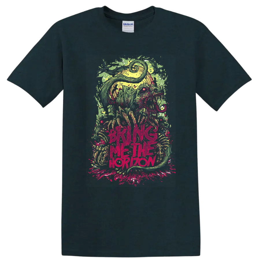 Bring Me the Horizon psychedelic creature artwork with neon splatters and distressed text on a Midnight (Green) T Shirt