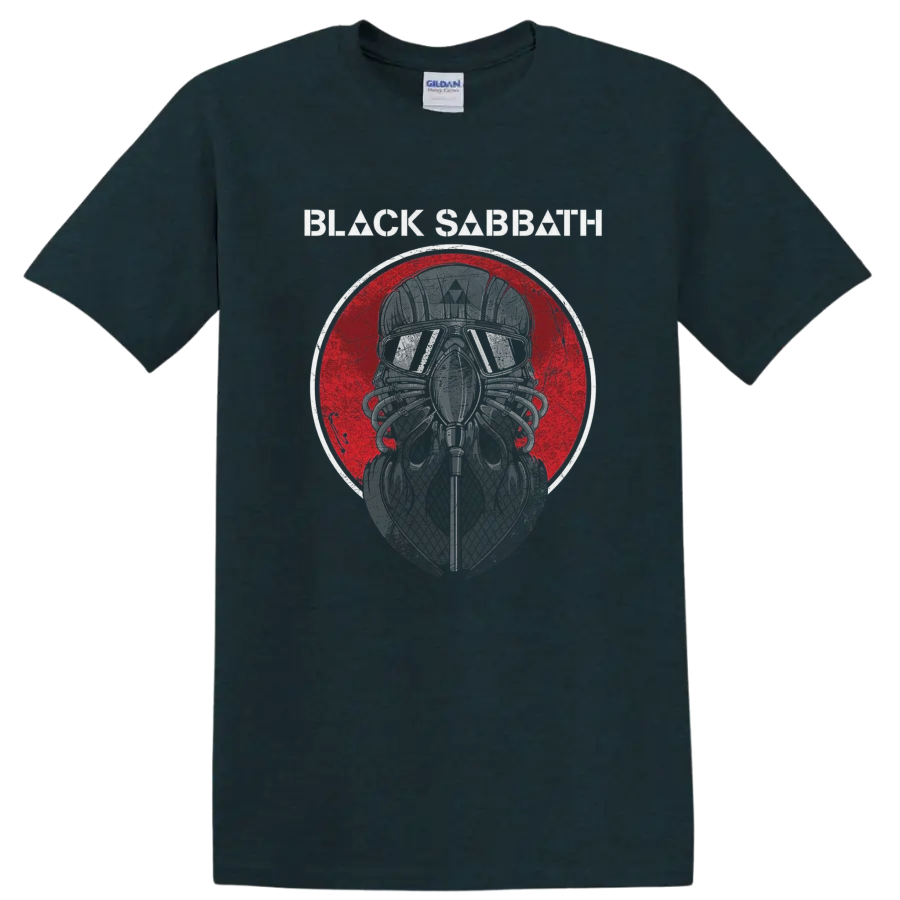 Black Sabbath helmeted skull graphic with goggles and distressed red circle on a Midnight (Green) T Shirt