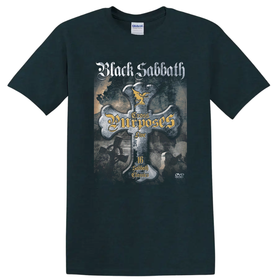 Black Sabbath Cross Purposes Live gothic cross with winged figure and distressed lettering on a Midnight (Green) T Shirt