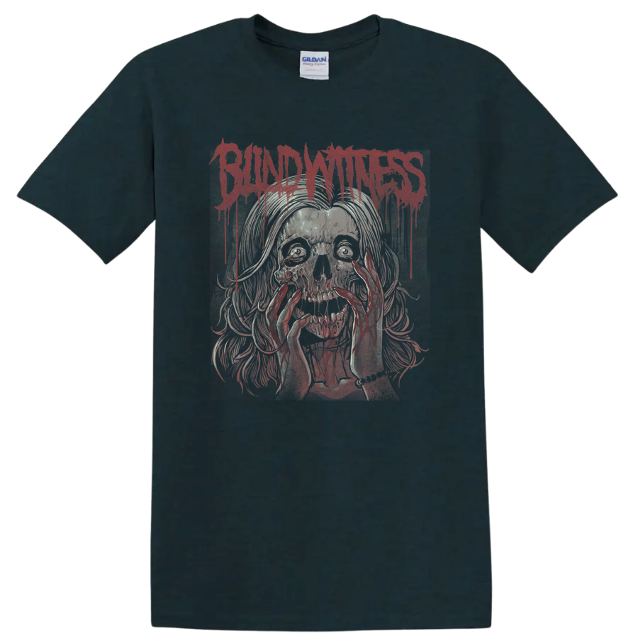 Blind Witness dripping red logo above a distressed skull horror illustration on a Midnight (Green) T Shirt