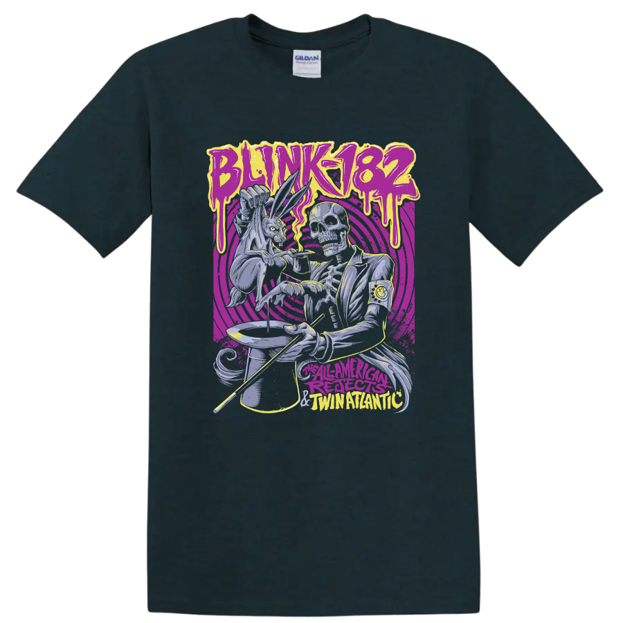 Blink-182 inspired skeleton punk graphic with neon dripping lettering and spiral rings on a Midnight (Green) T Shirt