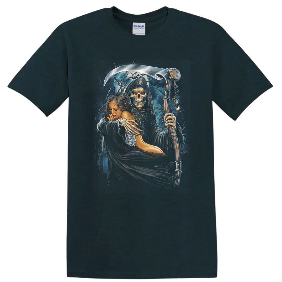 Hekate-inspired gothic skeleton reaper and goddess with scythe and lightning on a Midnight (Green) T Shirt