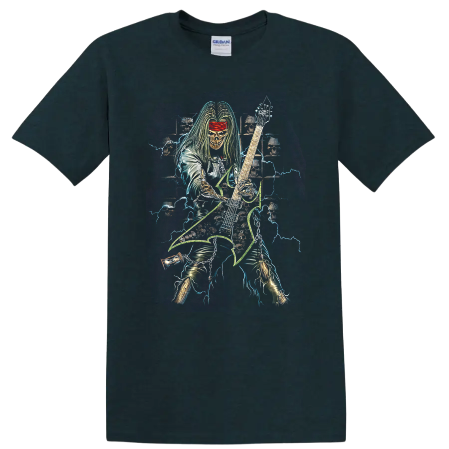 Neon skull-faced guitarist with lightning, skulls, and electric guitar metal artwork on a Midnight (Green) T Shirt