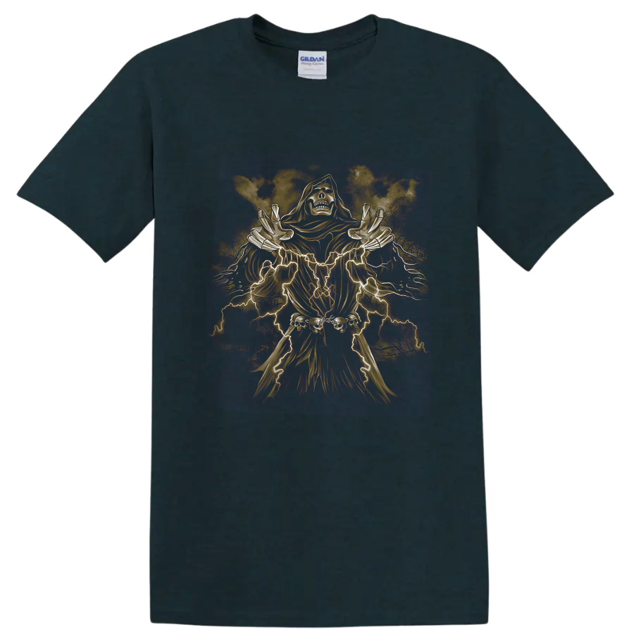 Neon skeletal reaper in a hooded robe with lightning, skulls, and dark fantasy metal art on a Midnight (Green) T Shirt