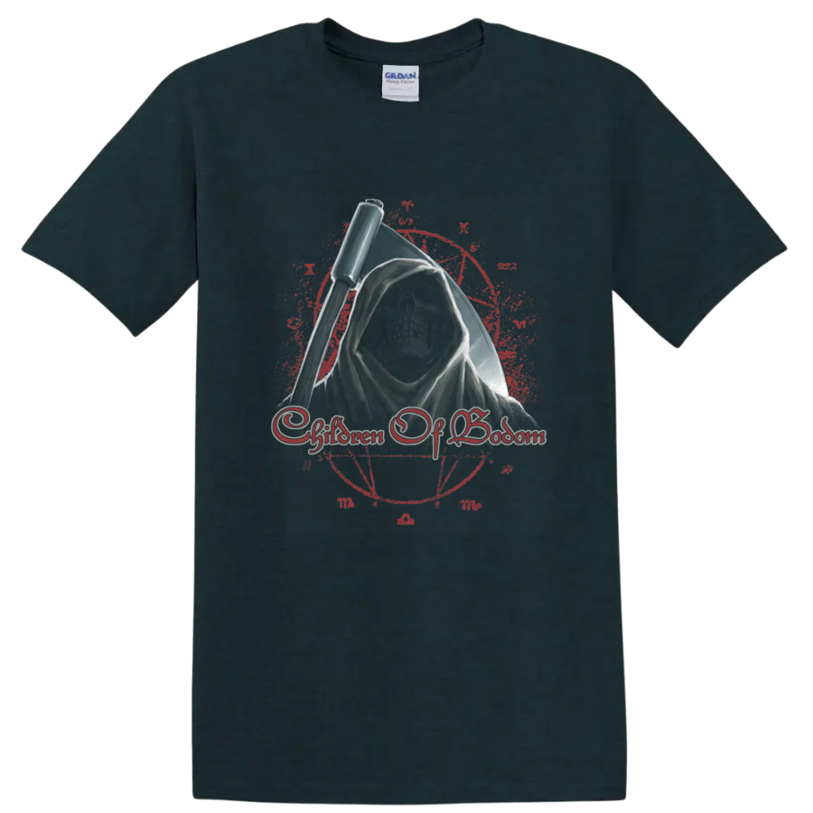 Children of Bodom hooded grim reaper with scythe and distressed gothic emblem on a Midnight (Green) T Shirt