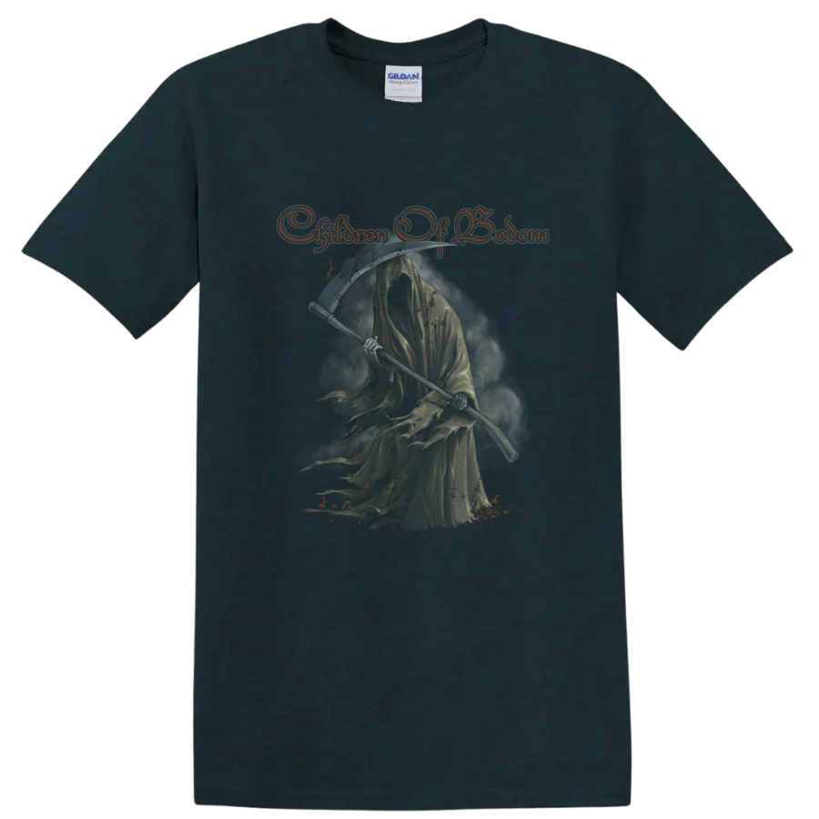 Children of Bodom Roy Grim Reaper with scythe and distressed orange script on a Midnight (Green) T Shirt