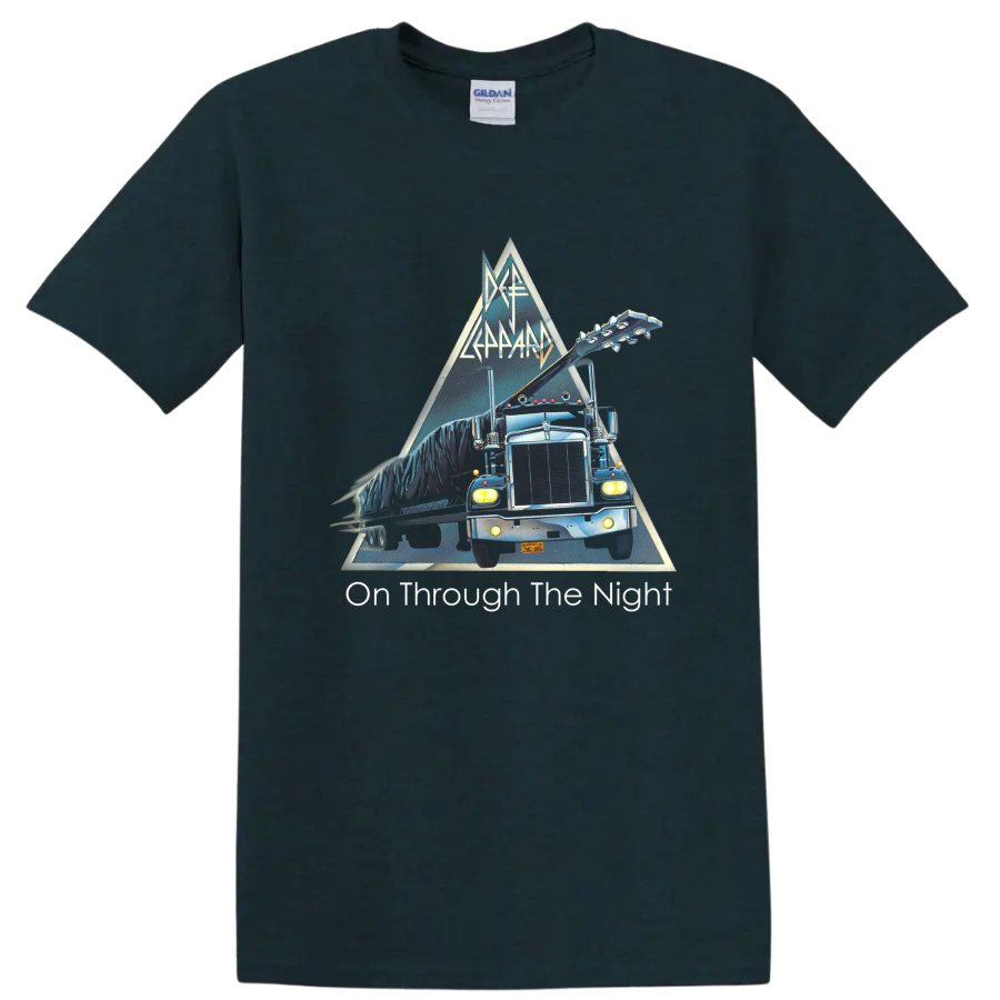 Def Leppard On Through the Night neon tour truck and guitar triangle graphic on a Midnight (Green) T Shirt