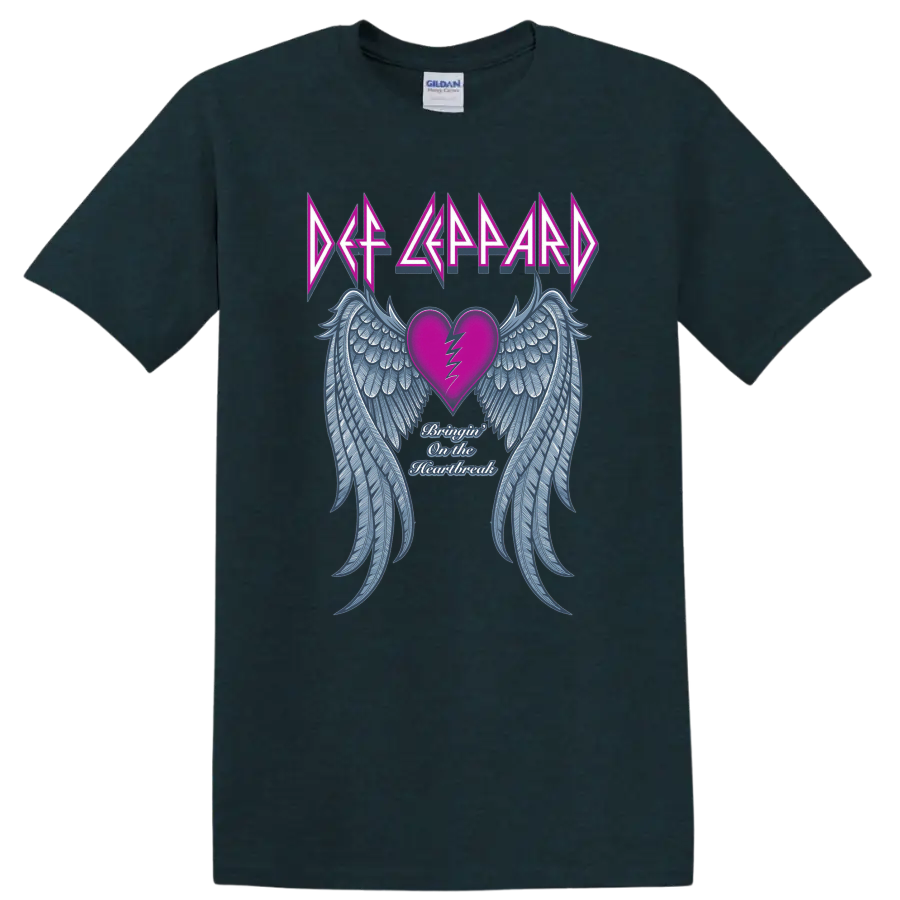 Def Leppard logo over cracked pink heart, blue angel wings, and Heartbreak script on a Midnight (Green) T Shirt