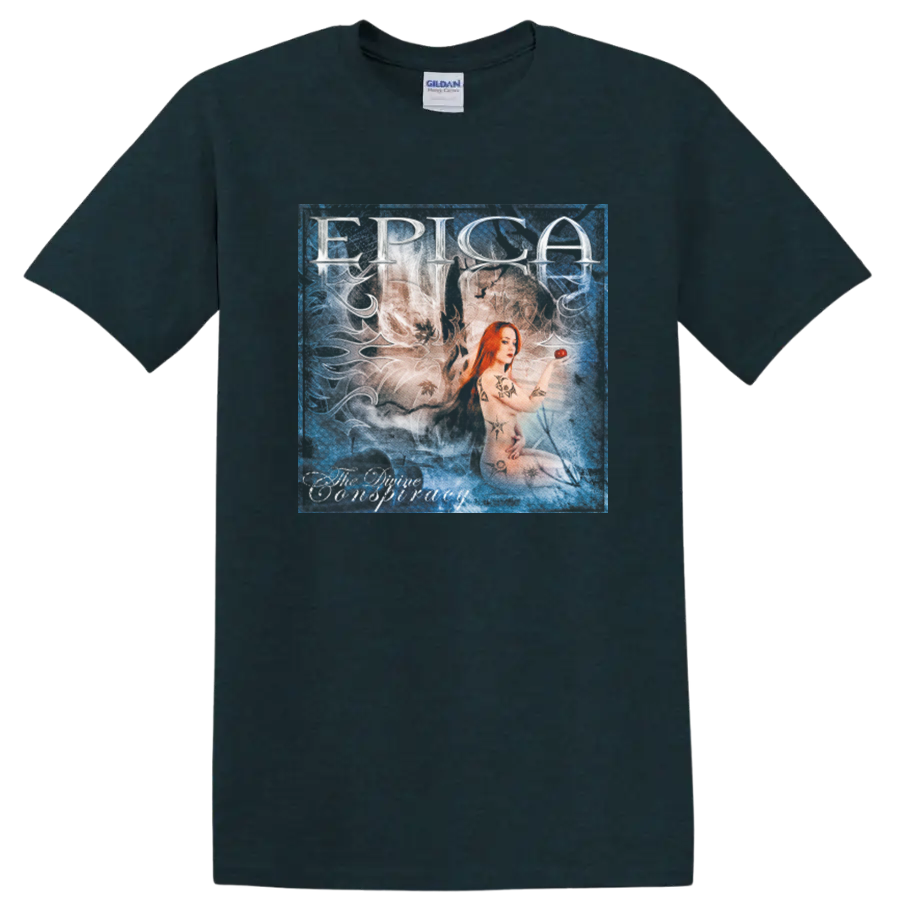 Epica The Phantom Agony Simone Simons portrait in a distressed blue collage style on a Midnight (Green) T Shirt