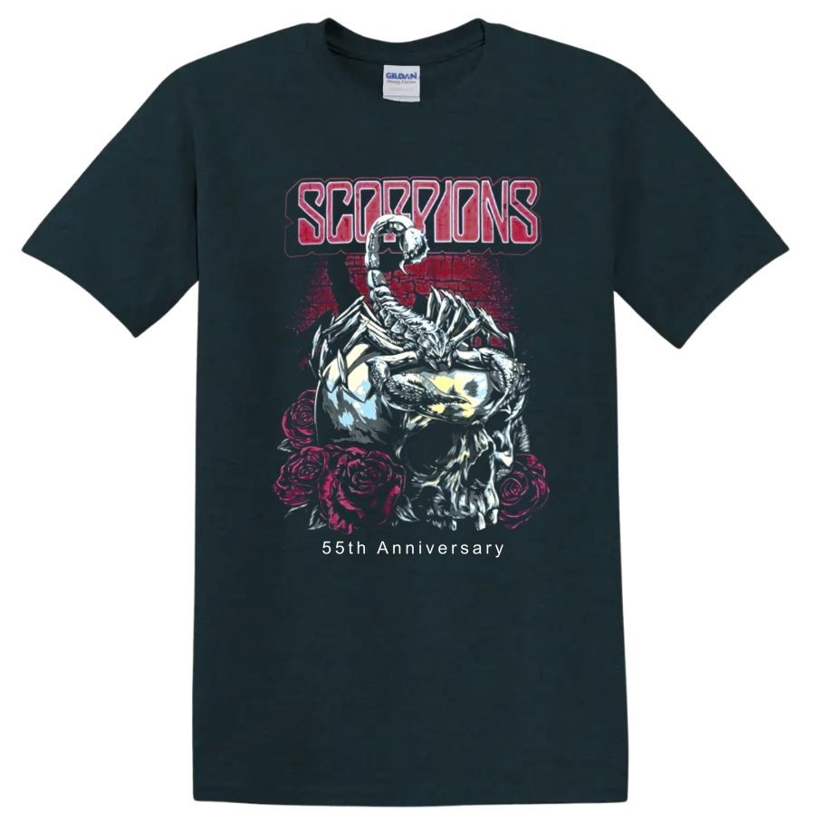 Scorpions logo above skeleton, roses, and neon pink distressed rock artwork on a Midnight (Green) T Shirt