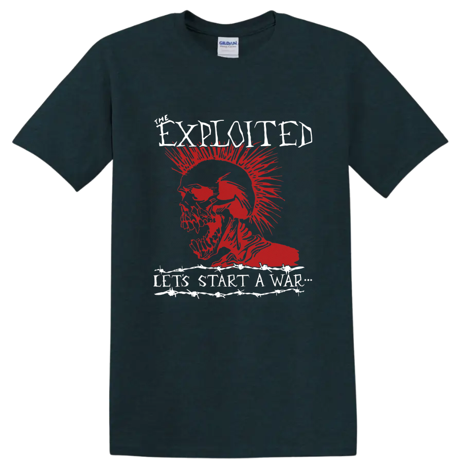 The Exploited Let’s Start a War red mohawk skull punk graphic on a Midnight (Green) T Shirt