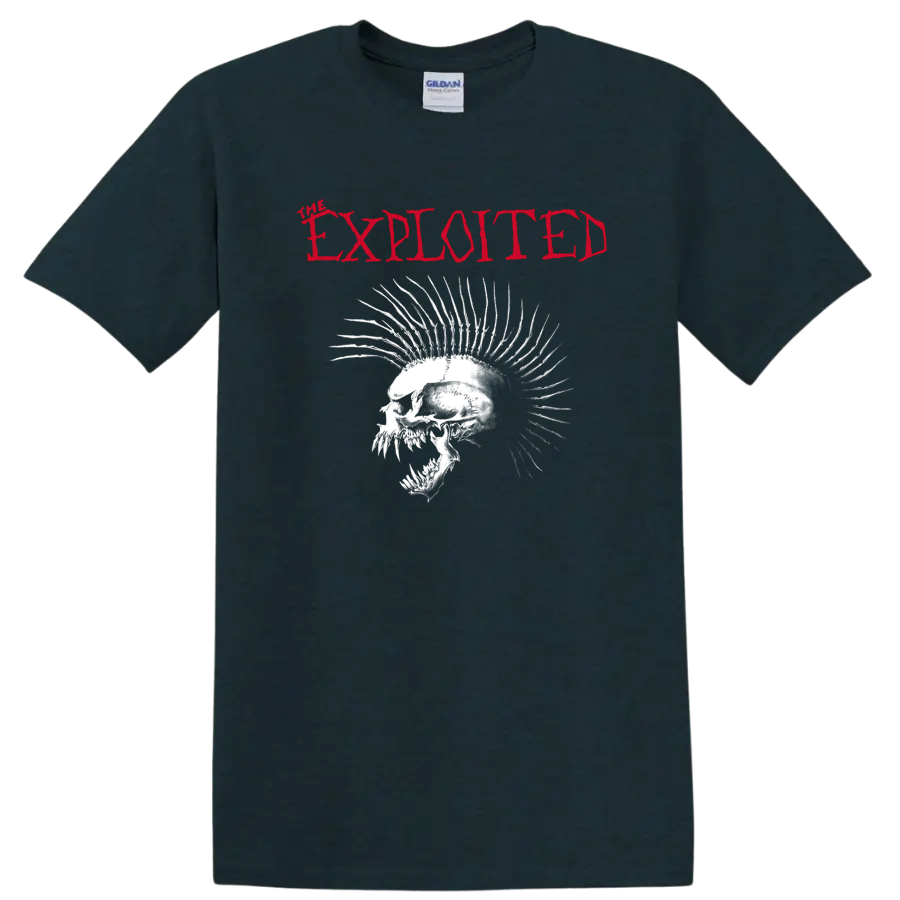 The Exploited distressed red logo above a white spiked skull punk graphic on a Midnight (Green) T Shirt