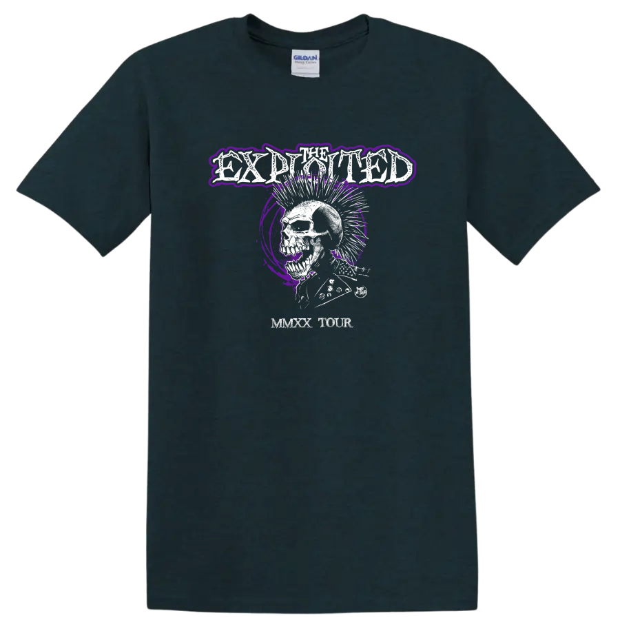 The Exploited distressed skull graphic with purple splatter punk rock artwork on a Midnight (Green) T Shirt